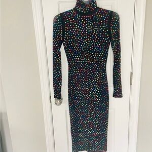 AKIRA Multicolored Rhinestone Bodycon Black Midi Dress Nylon Size Small